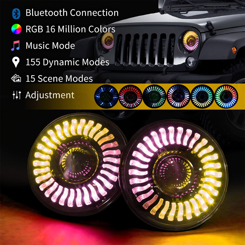 7"45W RGB LED Lens Headlights for 1976-2018 Jeep Wrangler CJ TJ LJ JK JKU (2pcs/set)