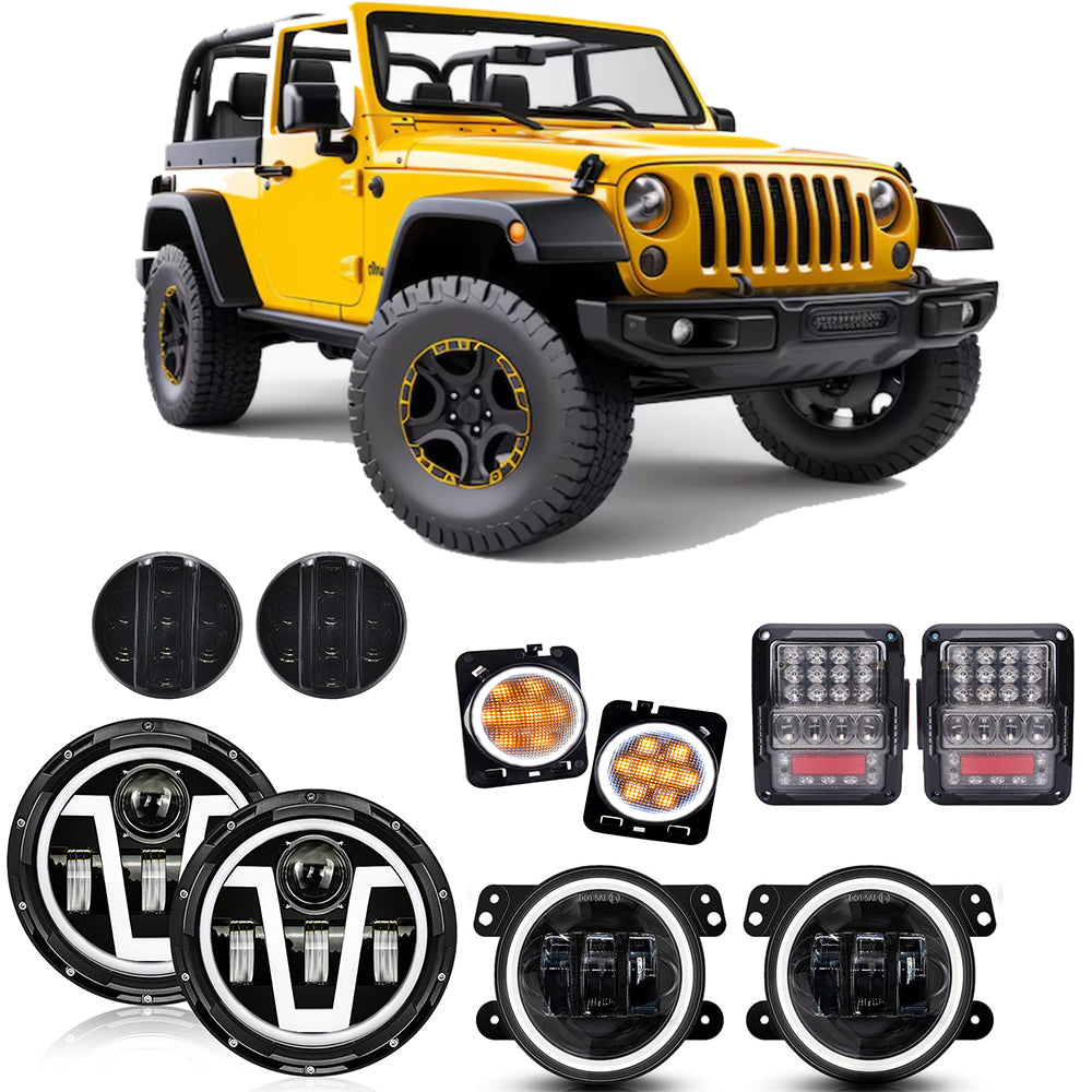 07"-18" Jeep Wrangler JK JKU Full LED Lighting Kit: 7" Headlamps, 4" Fog Lamps, Front & Side Turn Signals, Tail Lights