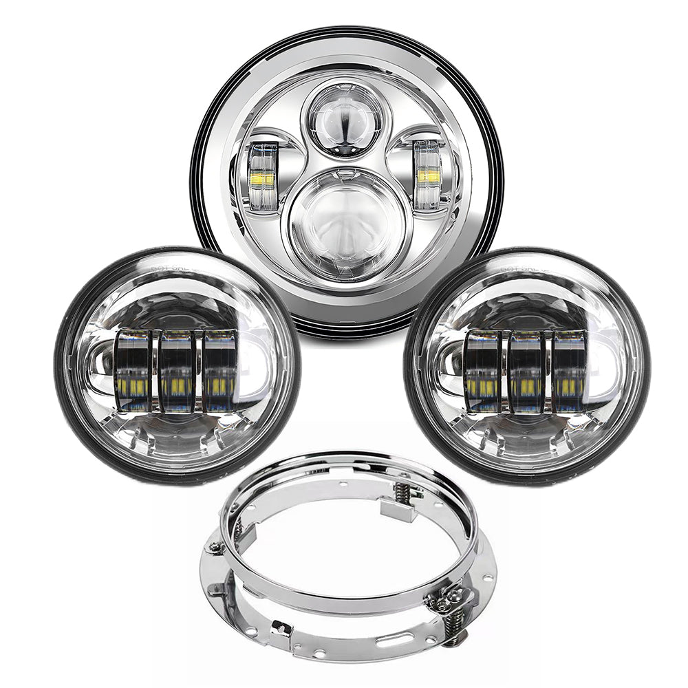 7" LED Headlight + 4.5" Passing Fog Lights Kit with Bracket Ring for Harley Davidson Motorcycles