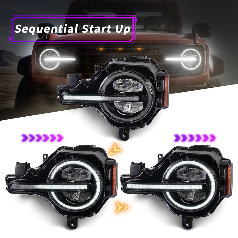 Ford Bronco Headlight Assembly with Progressive Sequential DRL & Turn Signals (2pcs/set)