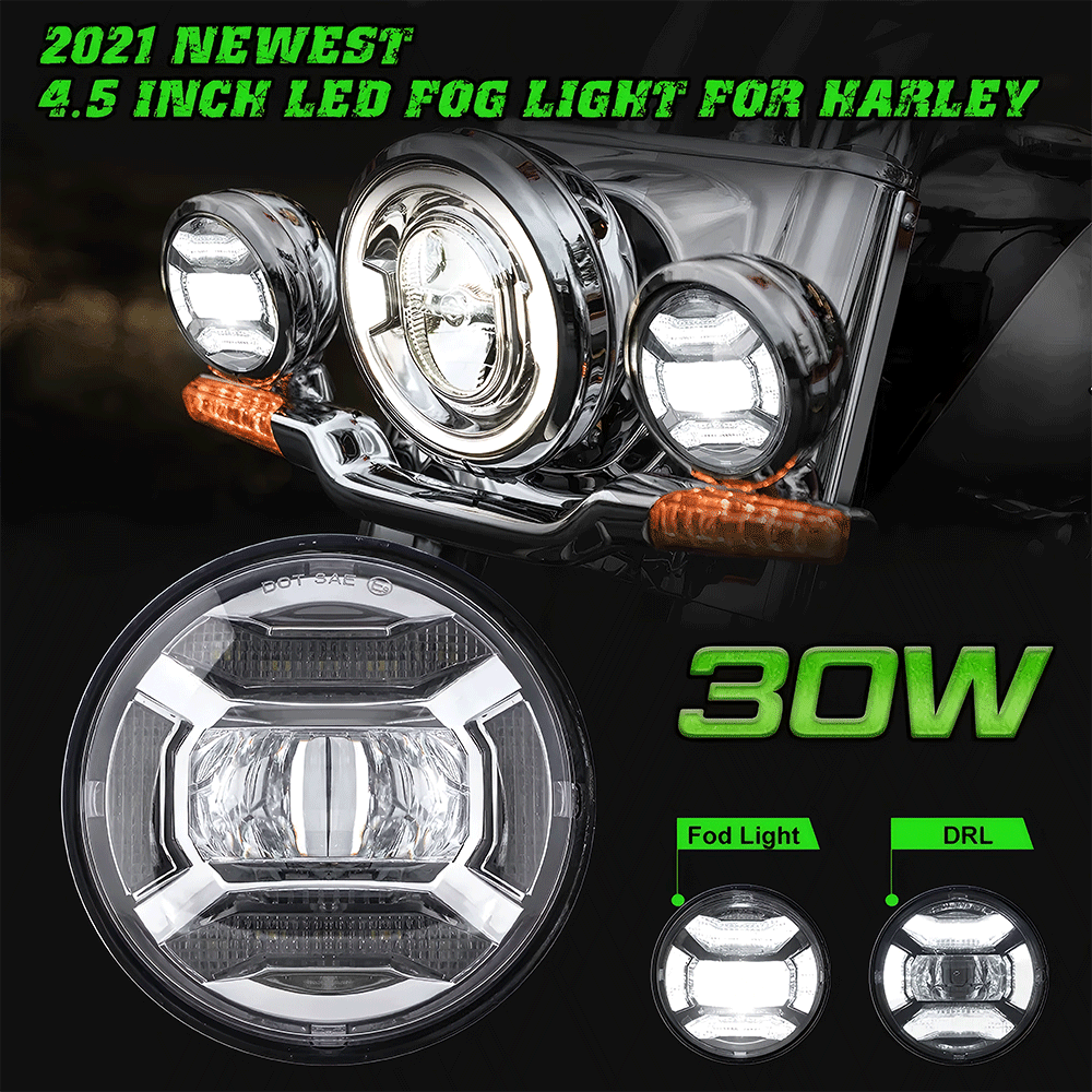 4.5" 30W Chrome/Black Lens LED Auxiliary Lights with DRL for Harley (2pcs/set)