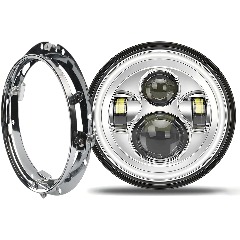 7" Halo Black/Chrome LED Headlights w/ DRL and Mounting Ring for Harley Davidson
