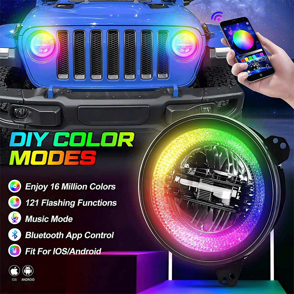 9 Inch Diamond RGB Halo LED Headlights for 18'-25' Jeep Wrangler JL 4xe & Jeep Gladiator JT (2Pcs/Set)