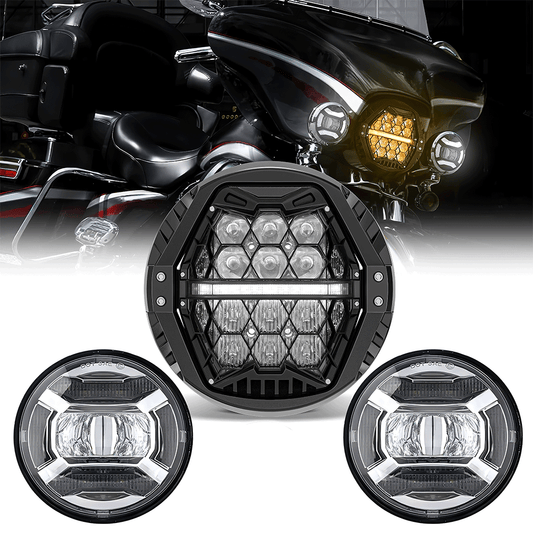 7" Honeycomb LED Headlights + 4.5" Lens LED Auxiliary Lights with DRL for Harley