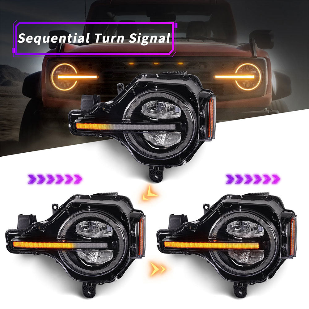 Ford Bronco Headlight Assembly with Progressive Sequential DRL & Turn Signals (2pcs/set)