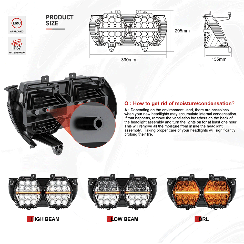 '15-'25 Harley Road Glide Dual Honeycomb 240W 5.75" LED Dual Headlight with DRL