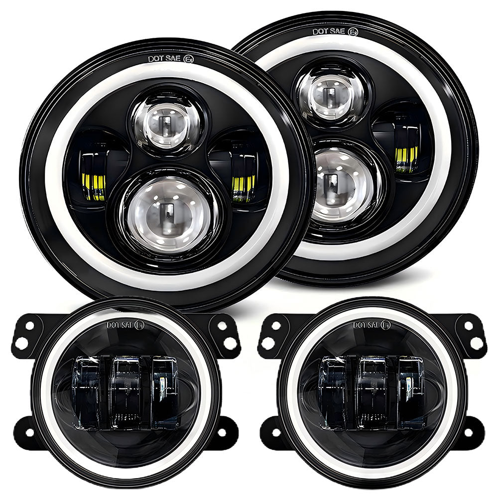 7" Halo LED Headlights + 4" Fog Lights Combo w/ DRL & Turn Signal for 07-18 Jeep Wrangler JK JKU