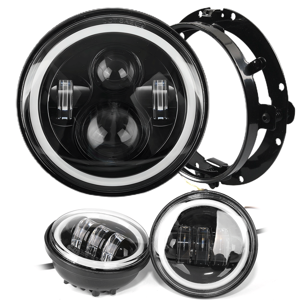 7" Halo LED Headlights + 4.5" Halo LED Passing Fog Lights + Round Mounting Ring with DRL for Harley-Davidson (Chrome/Black)