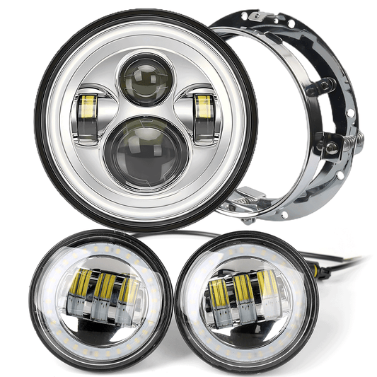 7" Halo LED Headlights + 4.5" Halo LED Passing Fog Lights + Round Mounting Ring with DRL for Harley-Davidson (Chrome/Black)