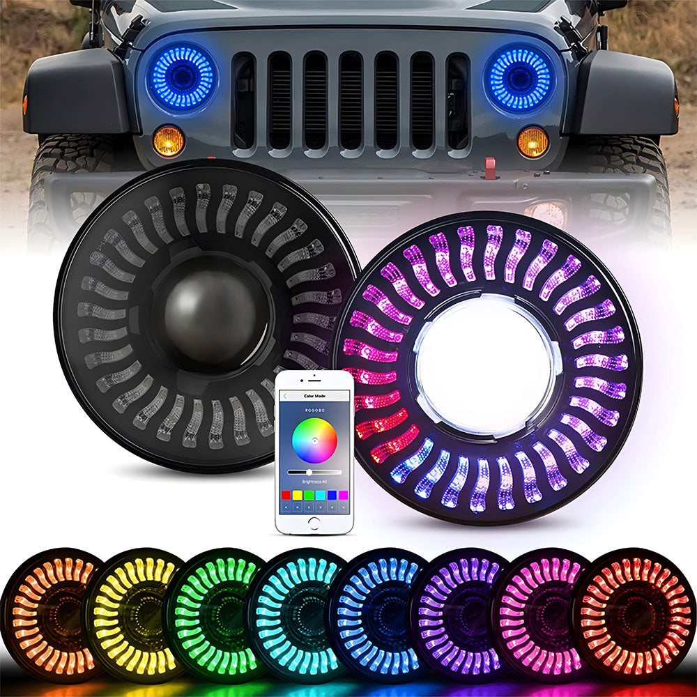 7"45W RGB LED Lens Headlights for 1976-2018 Jeep Wrangler CJ TJ LJ JK JKU (2pcs/set)
