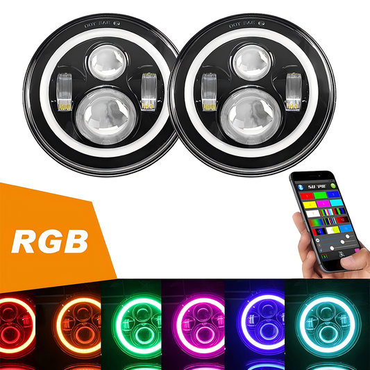 7" Round 50W RGB Halo LED Headlights for 1997-2018 Jeep Wrangler CJ TJ LJ JK (2pcs/set)
