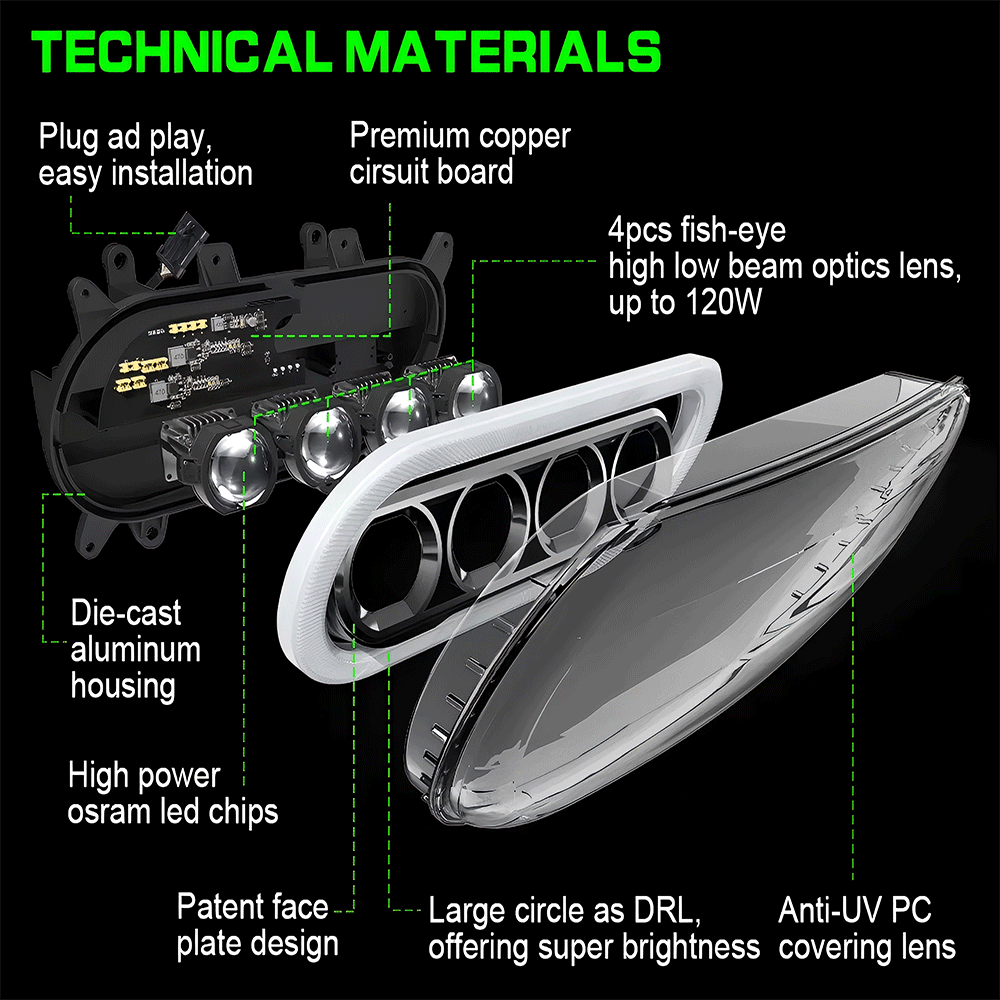 '15-'25 Harley Road Glide 4 Lens 120W LED Headlights with DRL