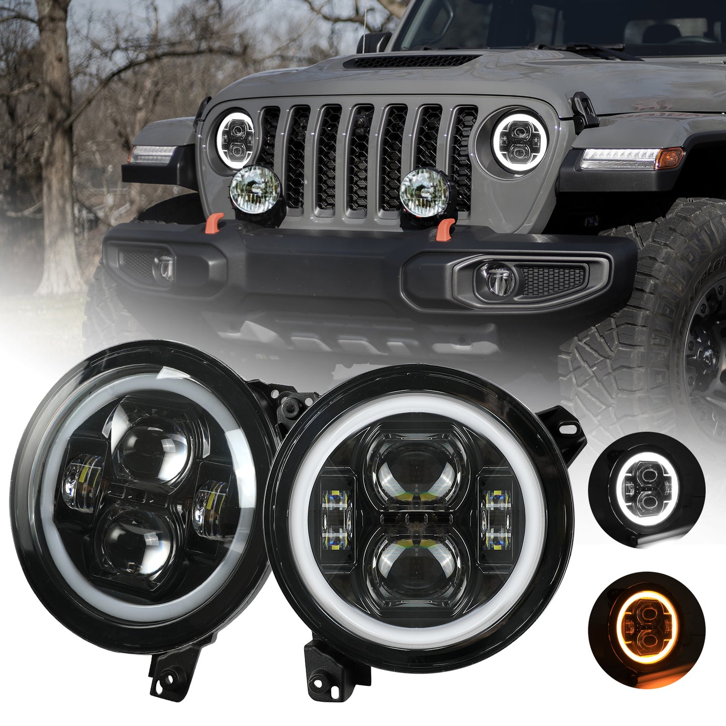9 Inch LED Headlights with DRL & Turn Signals for 2018-2025 Jeep Wrangler JL JLU 4xe & Gladiator JT (2Pcs/Set)