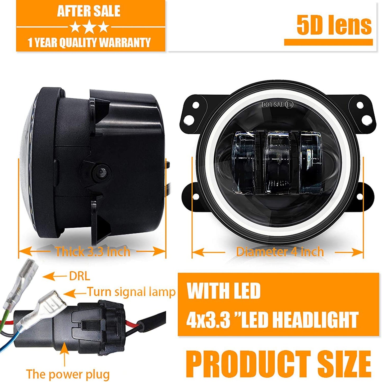 4 inch 30W LED Fog Lights with DRL and Amber Turn Signal for 2007-2018 Jeep Wrangler JK JKU (2Pcs/Set)