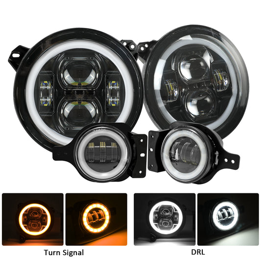 9" LED Headlights & 4" LED Fog Lights Combo Kit with DRL & Turn Signals for 2018-2025 Jeep Wrangler JL JLU 4xe & Gladiator JT