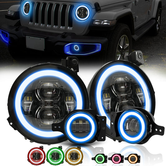 9-inch RGB LED Headlights & 4-inch LED RGB Fog Lights Combo for 2018-2025 Jeep Wrangler JL 4xe & Gladiator