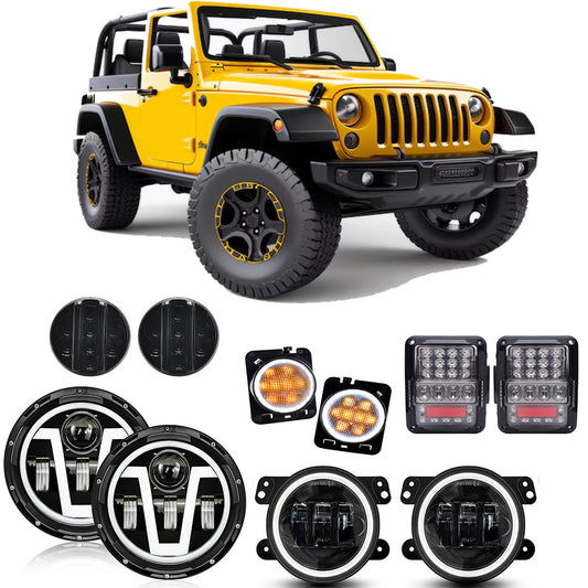 07"-18" Jeep Wrangler JK JKU Full LED Lighting Kit: 7" Headlamps, 4" Fog Lamps, Front & Side Turn Signals, Tail Lights
