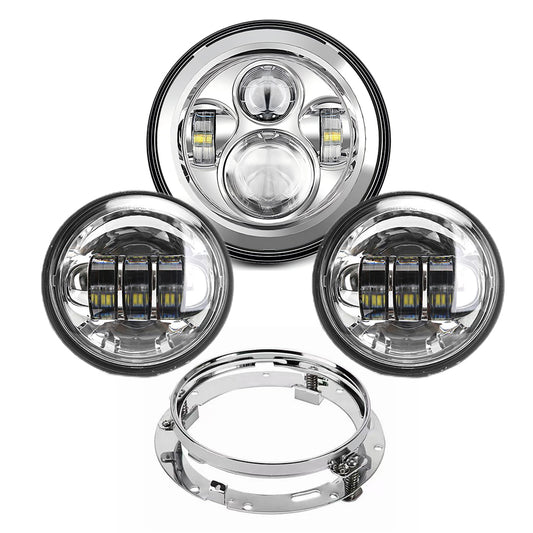 7" LED Headlight + 4.5" Passing Fog Lights Kit with Bracket Ring for Harley Davidson Motorcycles