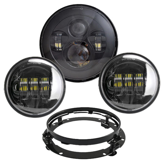 7" LED Headlight + 4.5" Passing Fog Lights Kit with Bracket Ring for Harley Davidson Motorcycles