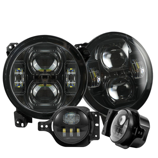 9" Black LED Headlights & 4" 60W Black LED Fog Lights Combo Kit Fits '18-'25 Jeep Wrangler JL JLU 4xe/ Jeep Gladiator JT