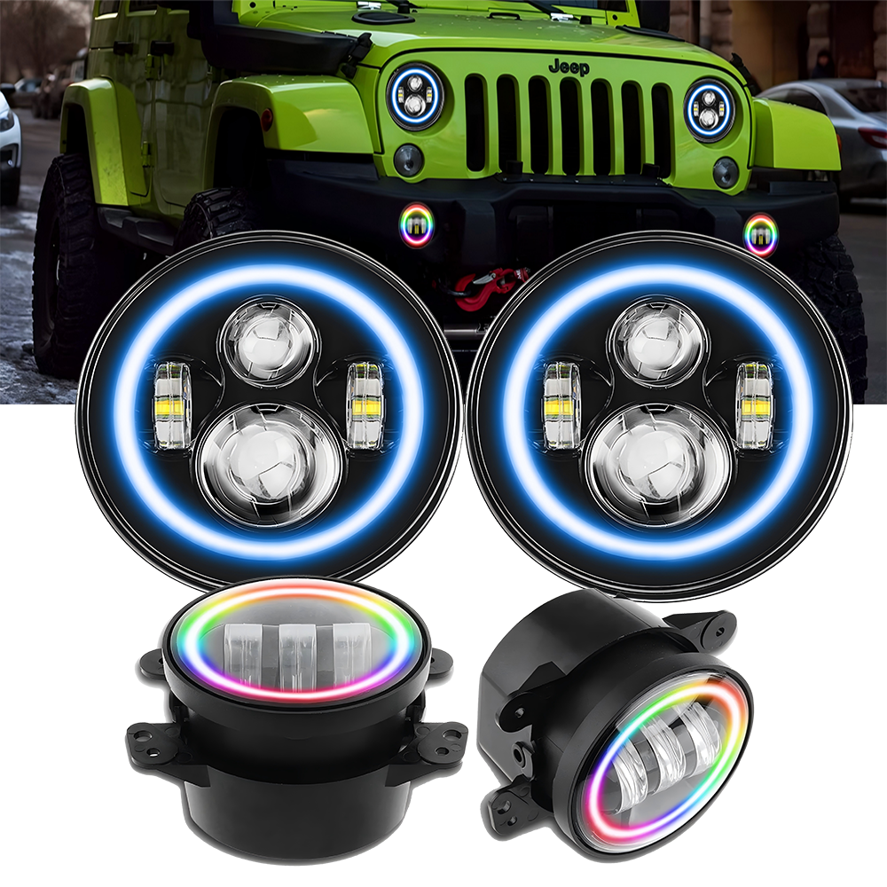 7" RGB Headlight and 4" RGB Fog Light Combo for 2007-2018 Jeep Wrangler JK JKU