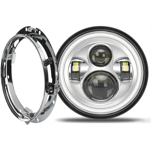 7" Halo Black/Chrome LED Headlights w/ DRL and Mounting Ring for Harley Davidson