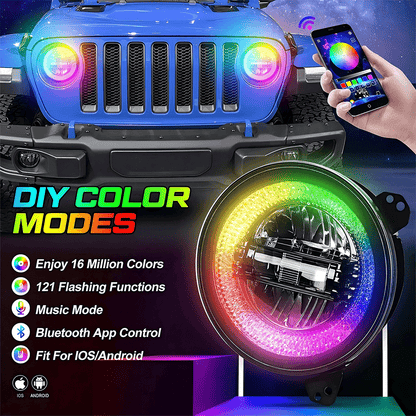 9 Inch Diamond RGB Halo LED Headlights for 18'-25' Jeep Wrangler JL 4xe & Jeep Gladiator JT (2Pcs/Set)