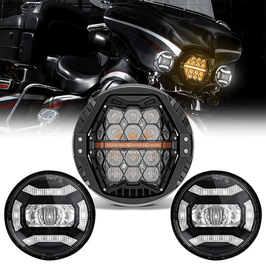 7" Honeycomb LED Headlights + 4.5" Lens LED Auxiliary Lights with DRL for Harley