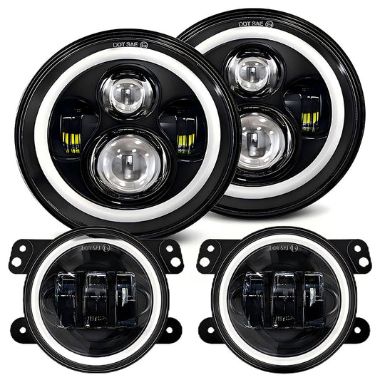 7" Halo LED Headlights + 4" Fog Lights Combo w/ DRL & Turn Signal for 07-18 Jeep Wrangler JK JKU