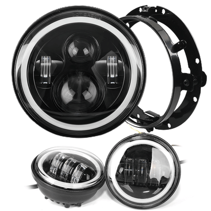 7" Halo LED Headlights + 4.5" Halo LED Passing Fog Lights + Round Mounting Ring with DRL for Harley-Davidson (Chrome/Black)