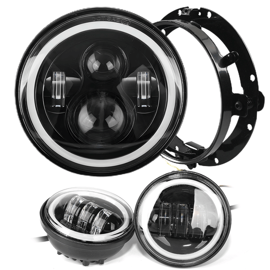 7" Halo LED Headlights + 4.5" Halo LED Passing Fog Lights + Round Mounting Ring with DRL for Harley-Davidson (Chrome/Black)